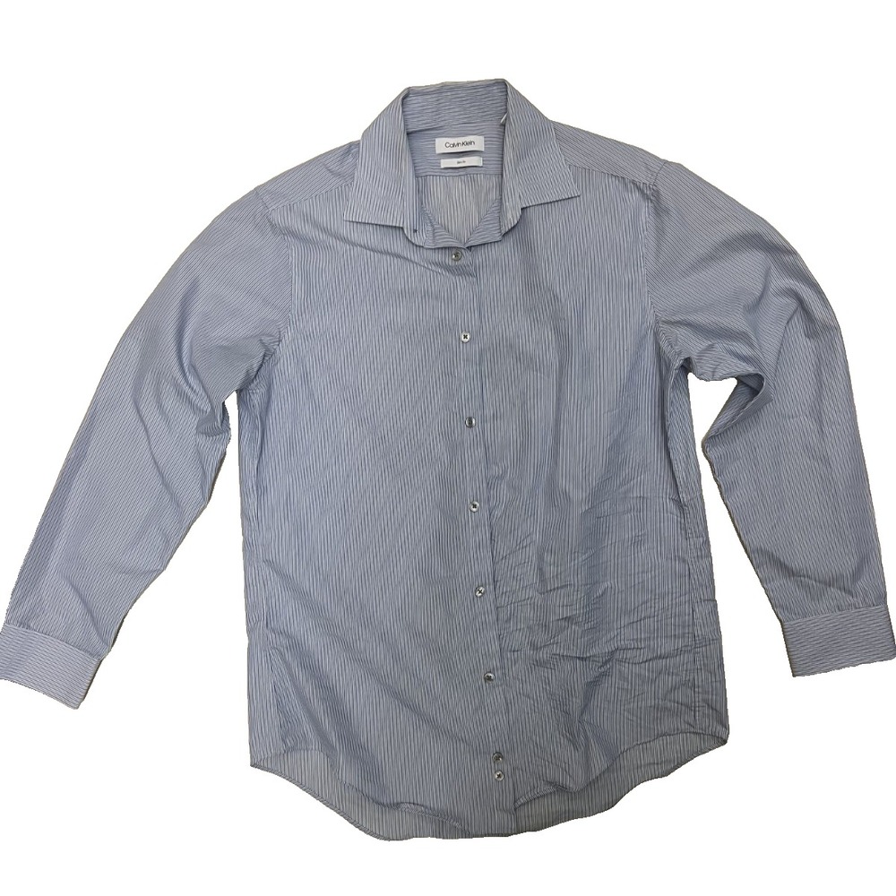 Calvin Klein Slim Fit Men's Shirt Medium Dress Shirt 100% Cotton Blue Striped